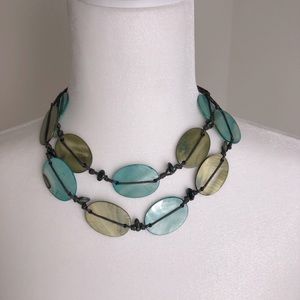Double strand boho green/gold teal disc necklace